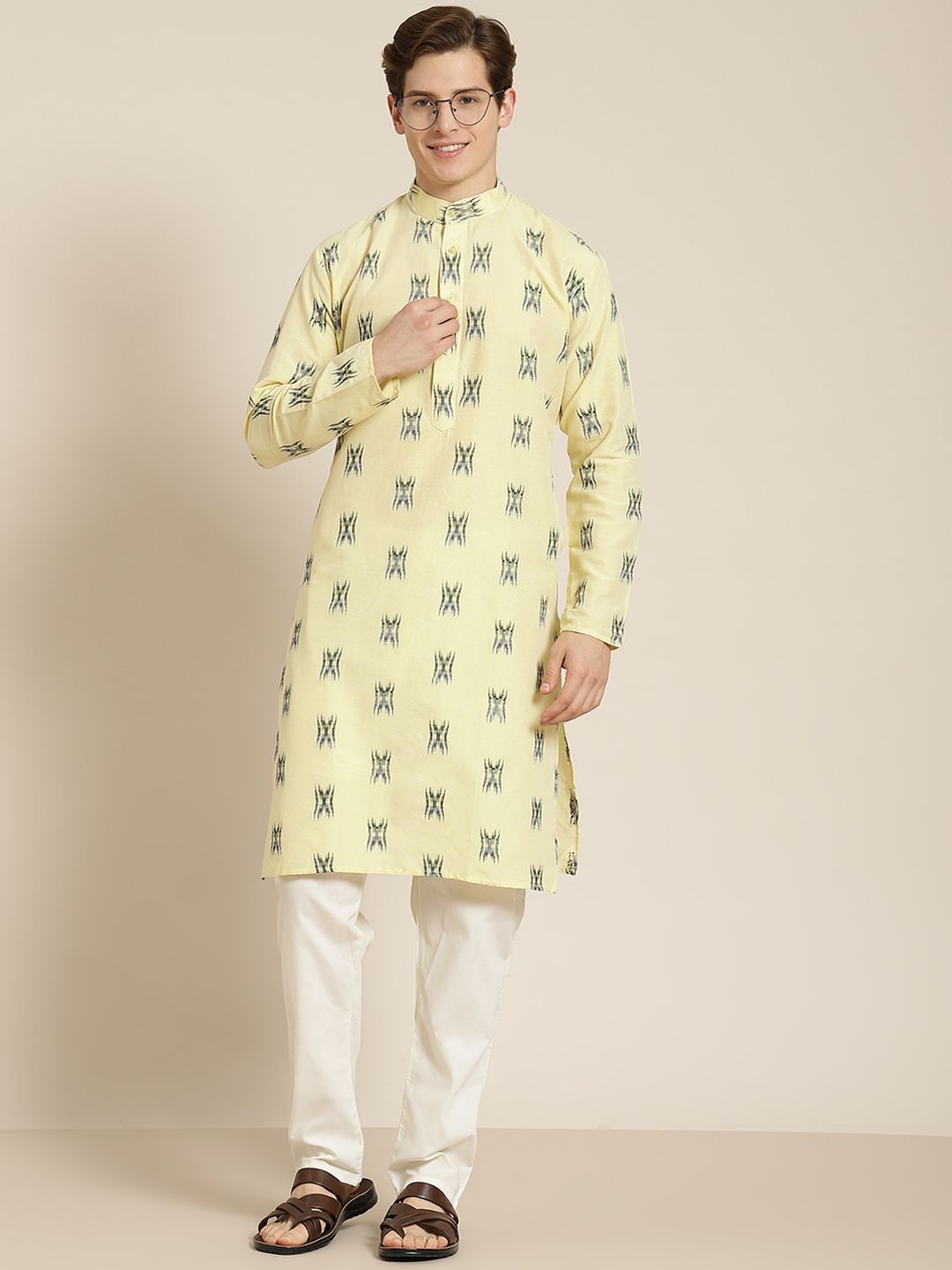SOJANYA Lelaki Kuning & Hitam Pure Cotton Self Design Kurta
