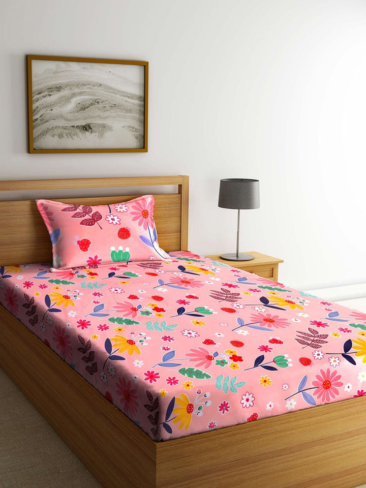 KLOTTHE Pink & Grey Geometric 300 TC 2 Single Bedsheet with 2 Pillow Covers