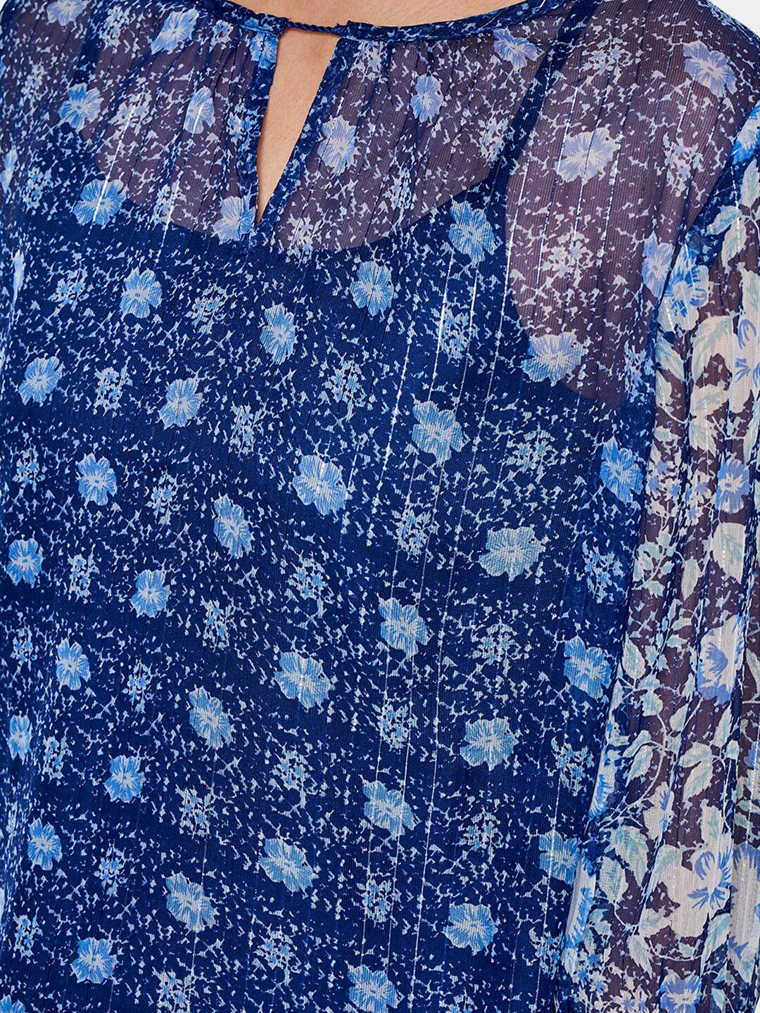 Global Desi Women Blue Floral Printed Keyhole Neck Top