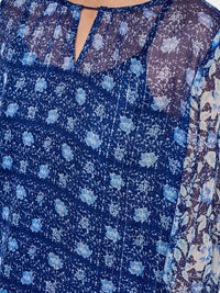 Global Desi Women Blue Floral Printed Keyhole Neck Top