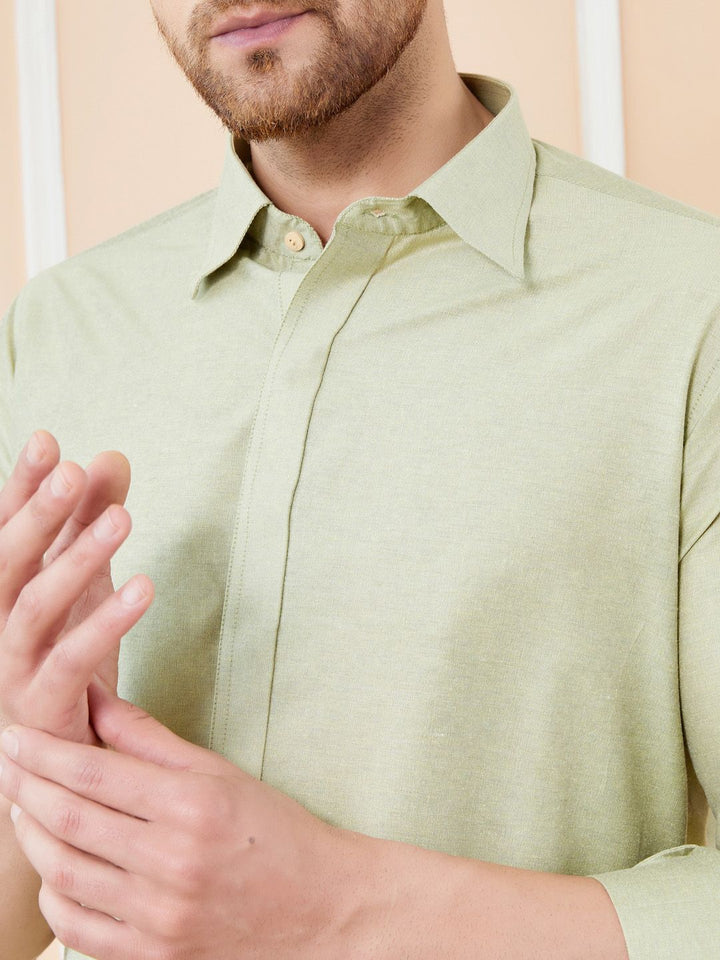 See Designs Shirt Collar Long Sleeves Pure Cotton Pathani Kurta With Pyjamas