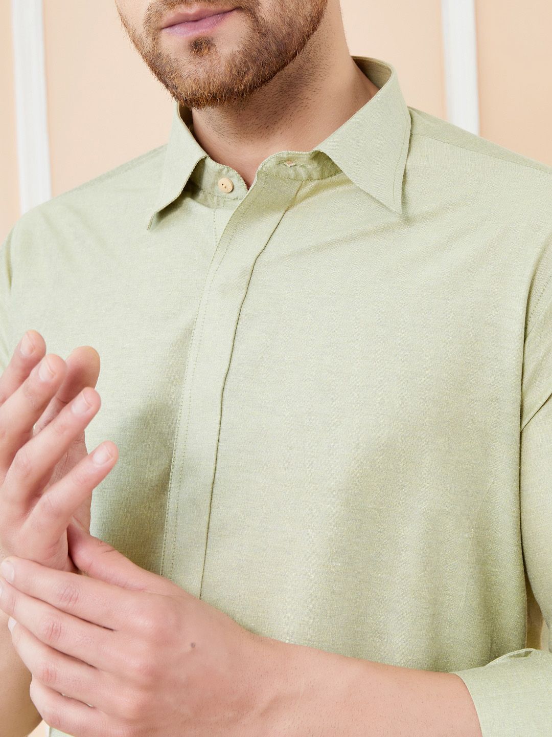 See Designs Shirt Collar Long Sleeves Pure Cotton Pathani Kurta With Pyjamas