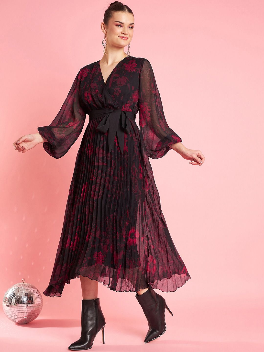 Antheaa Black V-Neck Bishop Sleeves Floral Printed Midi Opaque Party Dress