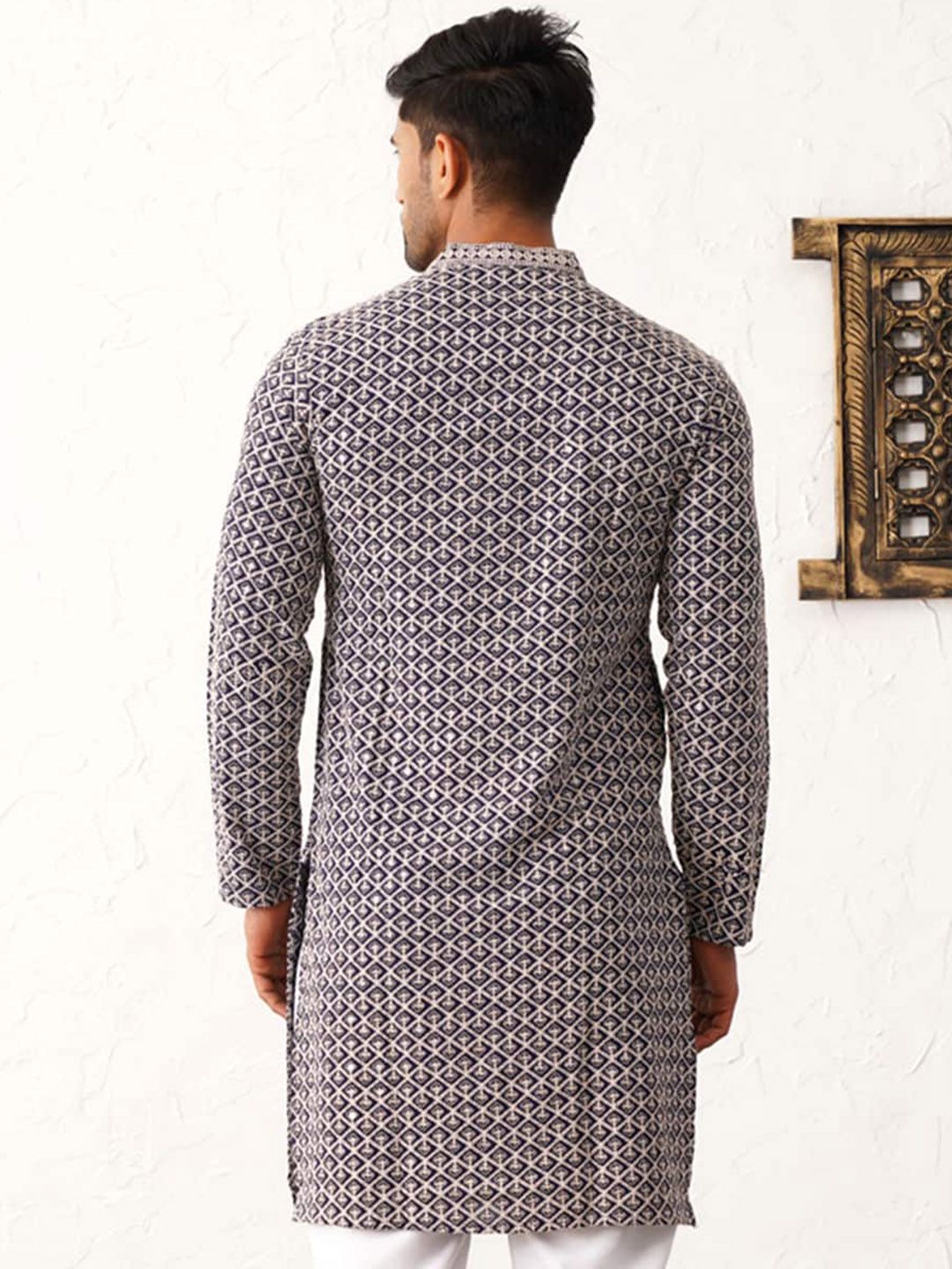 Jompers Mandarin Collar Geometric Thread Work Cotton Straight Kurta