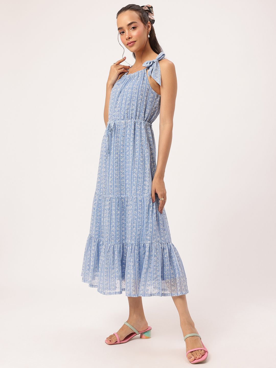 DressBerry Girly Glam Floral Tie-Up Bow Tiered A-Line Midi Dress