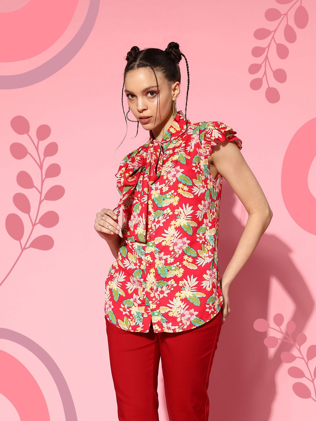 Berrylush Women Floral Print Tie-Up Neck Ruffles Crepe Top