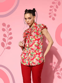 Berrylush Women Floral Print Tie-Up Neck Ruffles Crepe Top
