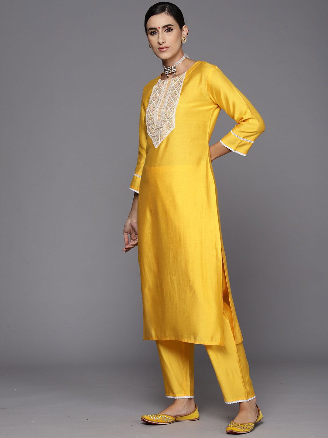 Indo Era Floral Yoke Design Regular Sequinned Liva Kurta with Trousers & Dupatta