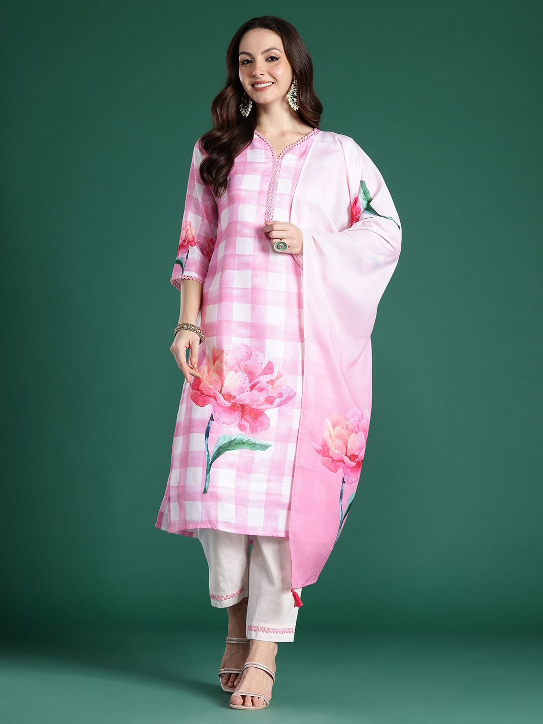 Indo Era Floral Printed Beads and Stones Linen Kurta with Trousers & With Dupatta
