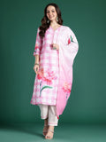 Indo Era Floral Printed Beads and Stones Linen Kurta with Trousers & With Dupatta