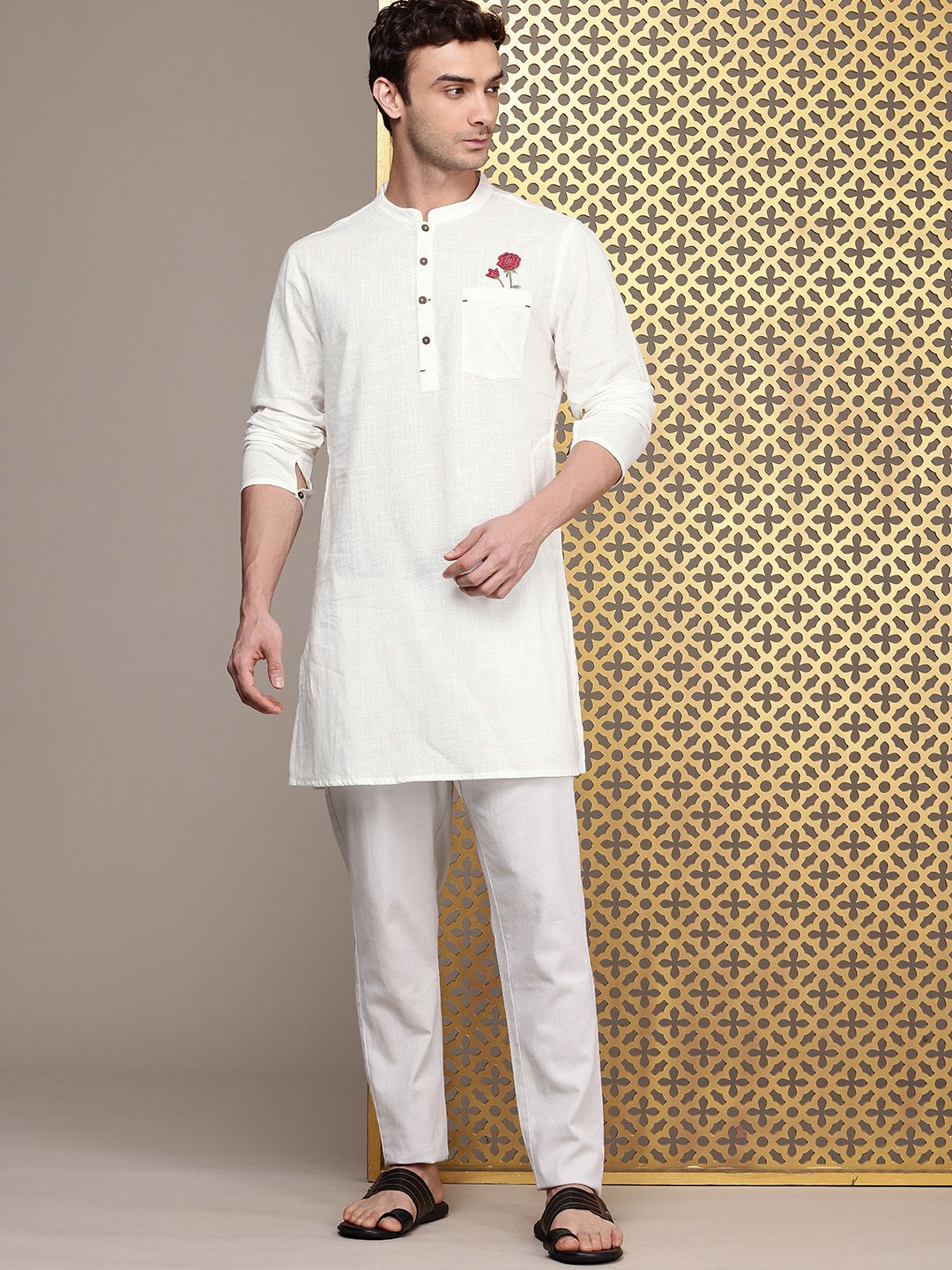 House of Pataudi Mandarin Collar Thread Work Detail Pure Cotton Rozana Kurta