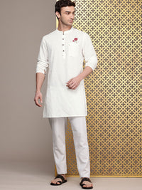 House of Pataudi Mandarin Collar Thread Work Detail Pure Cotton Rozana Kurta