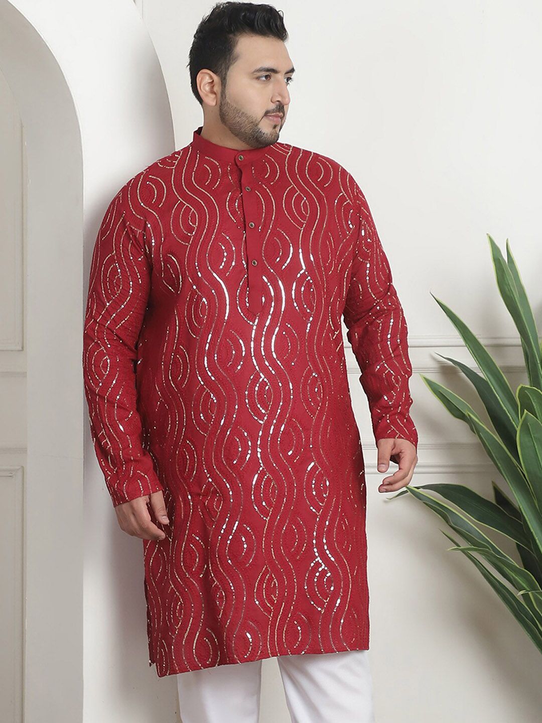 SOJANYA PLUS PLus Size Ethnic Motifs Embroidered Band Collar Long Sleeves Straight Kurta