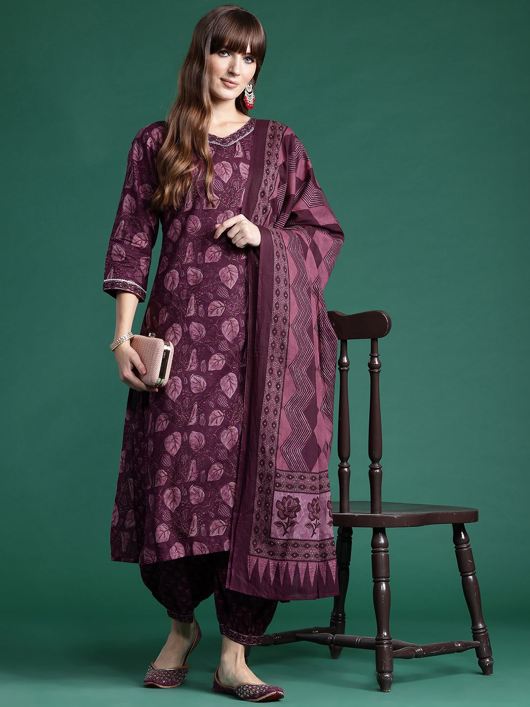 Indo Era Floral Printed Gotta Patti Pure Cotton Kurta With Salwar & Dupatta
