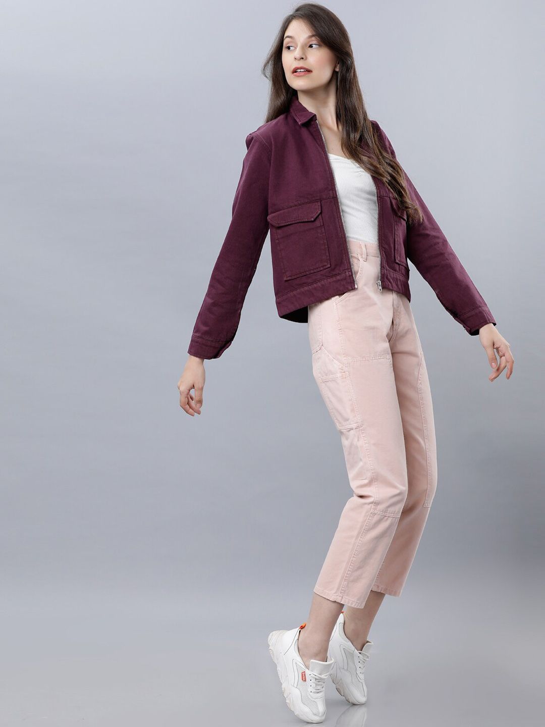 Tokyo Talkies Women Burgundy Solid Denim Jacket