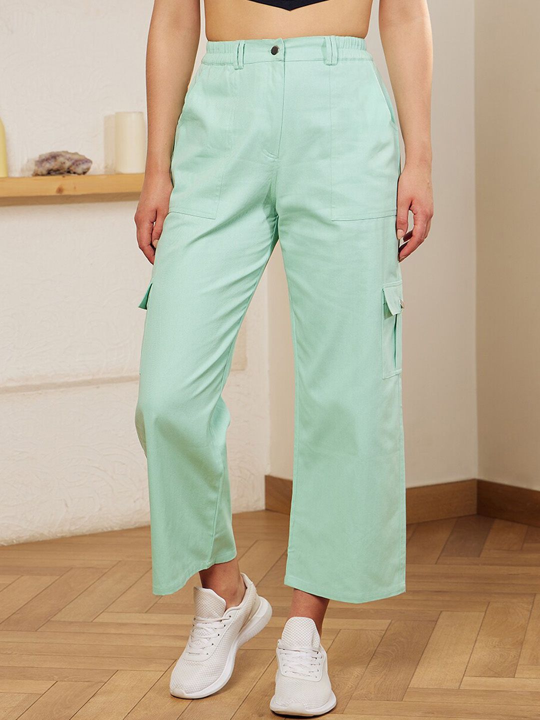 Berrylush Green Relaxed High-Rise Cotton Trousers