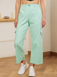 Berrylush Green Relaxed High-Rise Cotton Trousers