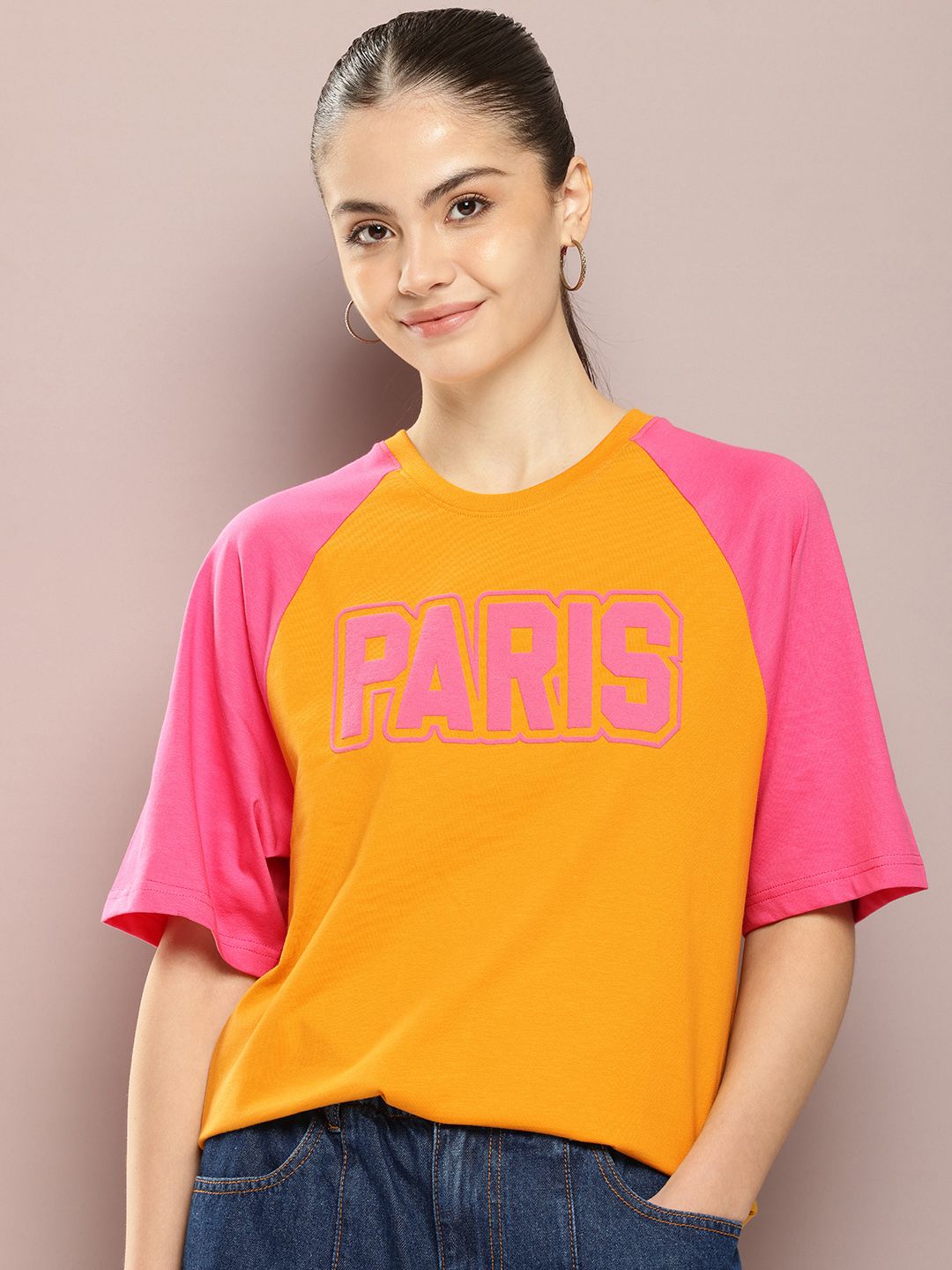 DILLINGER Women Varsity Printed Embossed Oversized T-shirt