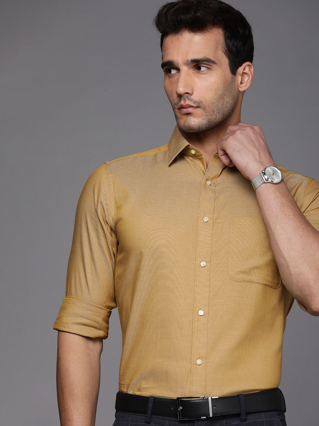 Raymond Men Khaki Solid Slim Fit Pure Cotton Formal Shirt
