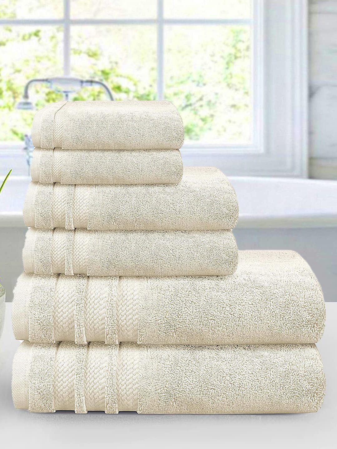 MYTRIDENT Unisex Set Of 6 Off-White Solid 625 GSM Pure Cotton Towels