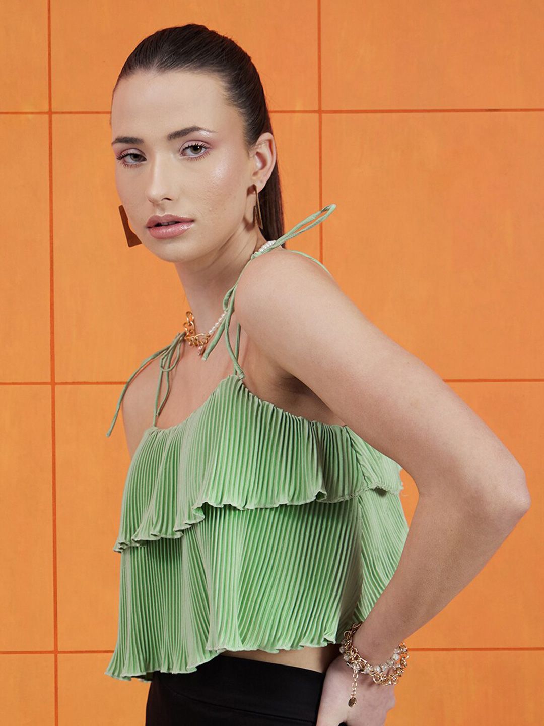 STREET 9 Green Shoulder Straps Layered Satin Tiered Crop Top
