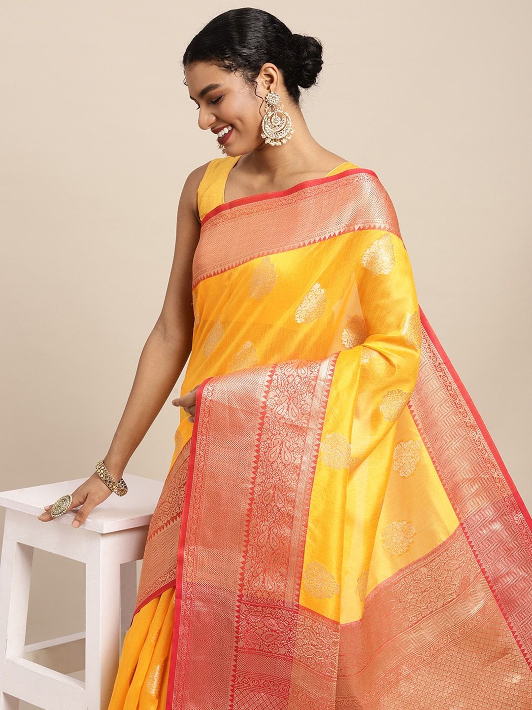 Silk Land Yellow & Golden Ethnic Motifs Zari Banarasi Saree