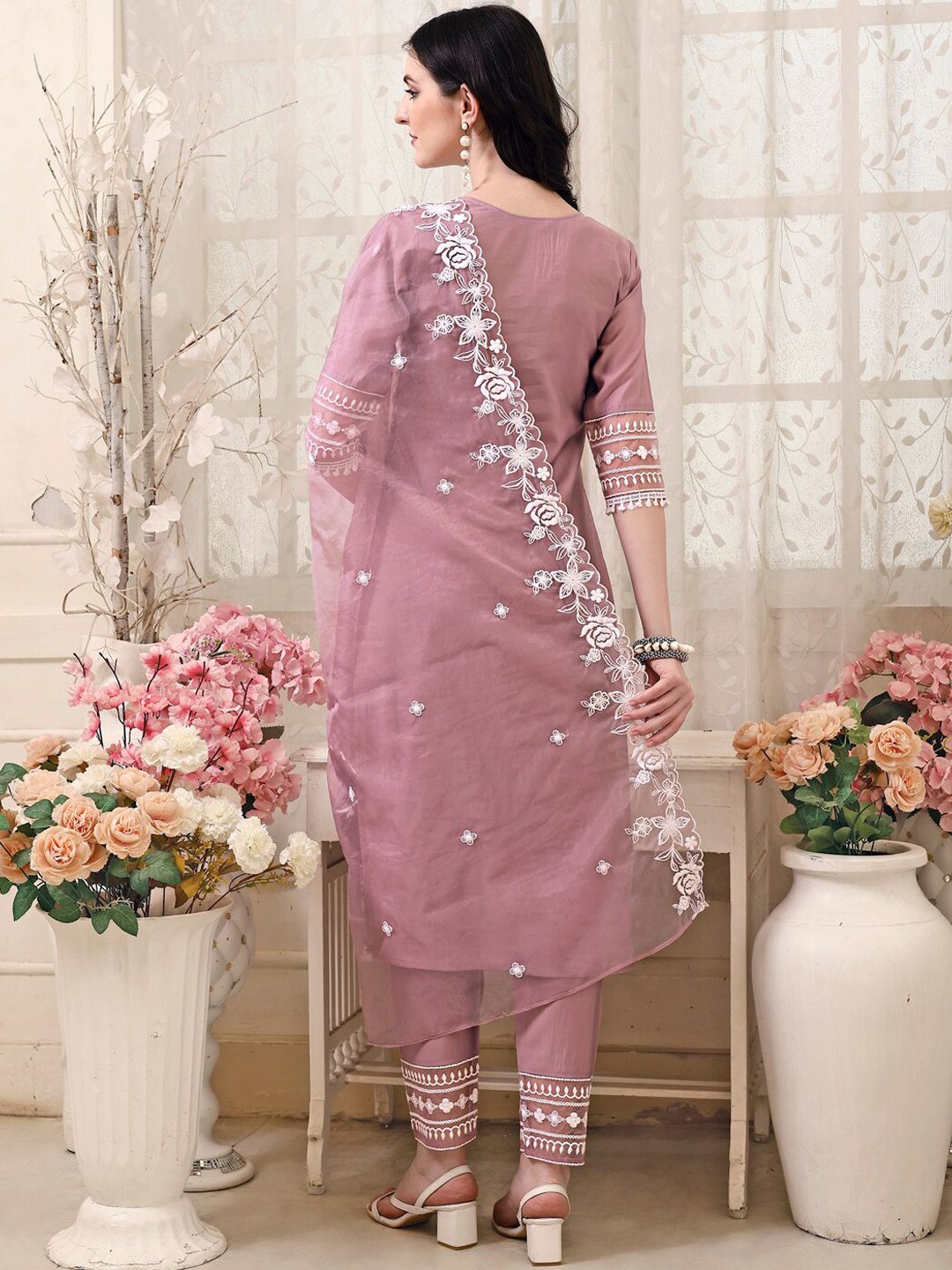 KALINI Floral Embroidered Thread Work Chanderi Cotton Kurta with Trousers & With Dupatta