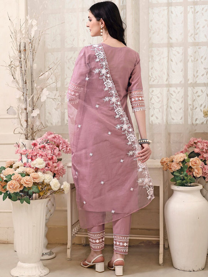 KALINI Floral Embroidered Thread Work Chanderi Cotton Kurta with Trousers & With Dupatta