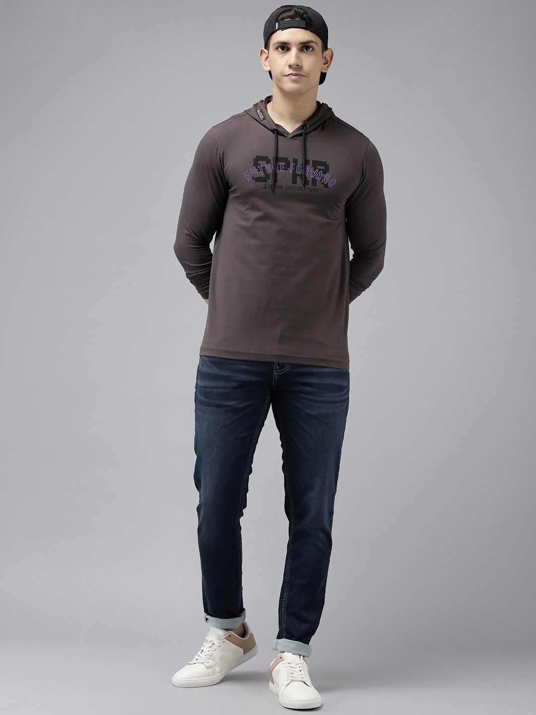 SPYKAR Typography Printed Hooded Slim Fit T-shirt