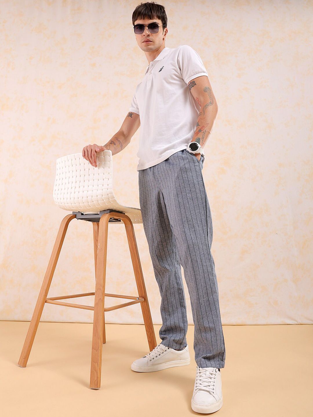 The Indian Garage Co Men Mid-Rise Striped Trousers