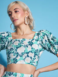 SASSAFRAS White Floral Crop Top With Flared Skirt