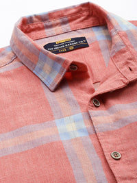 The Indian Garage Co Men Coral Pink & Blue Checked Pure Cotton Casual Shirt