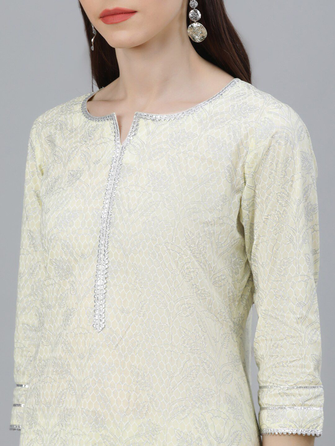 Libas Women Yellow & Silver-Coloured Cotton Printed Kurta with Palazzos & Dupatta