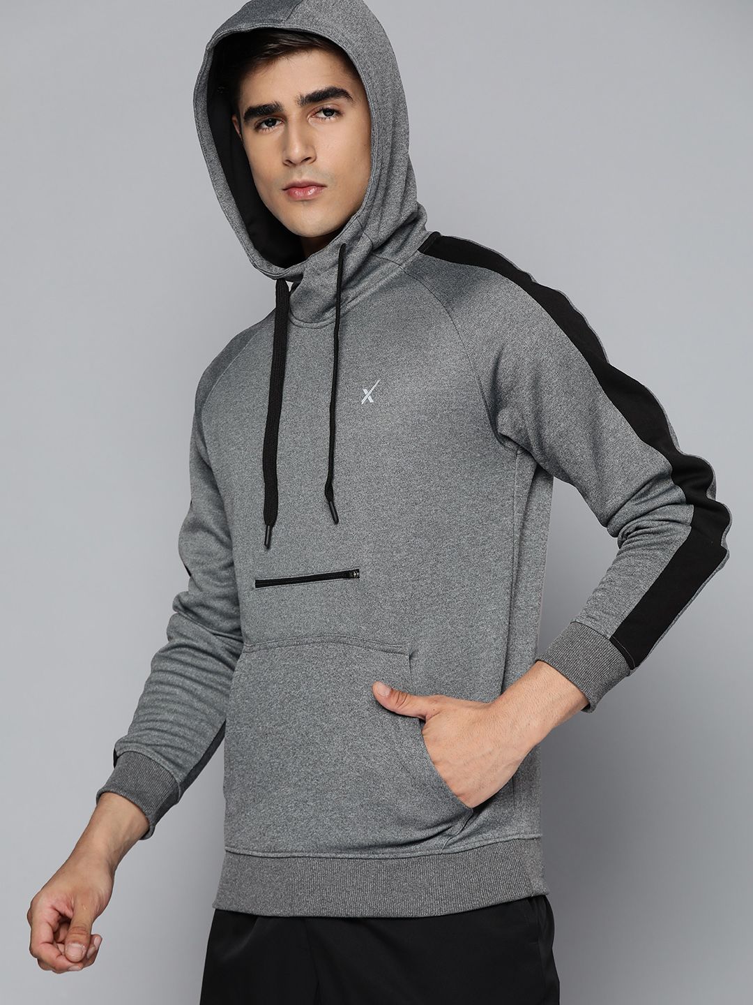 HRX by Hrithik Roshan Men Charcoal Grey Solid Hooded Zip Detail Rapid-Dry Sweatshirt