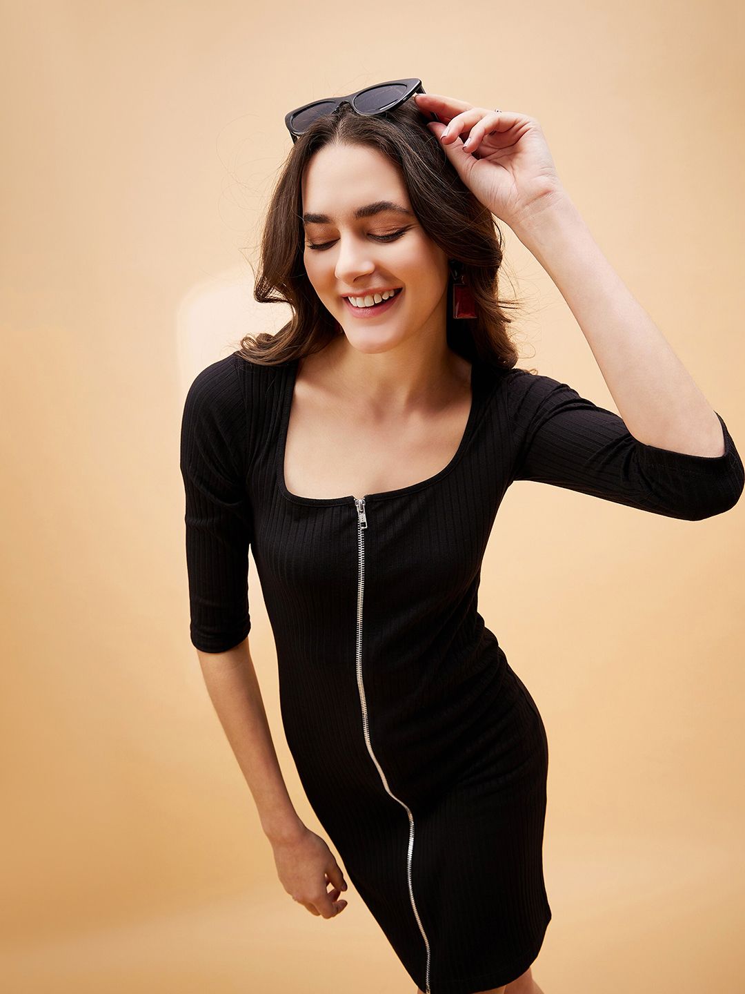 SASSAFRAS BASICS Black Scoop Neck Cotton Bodycon Dress