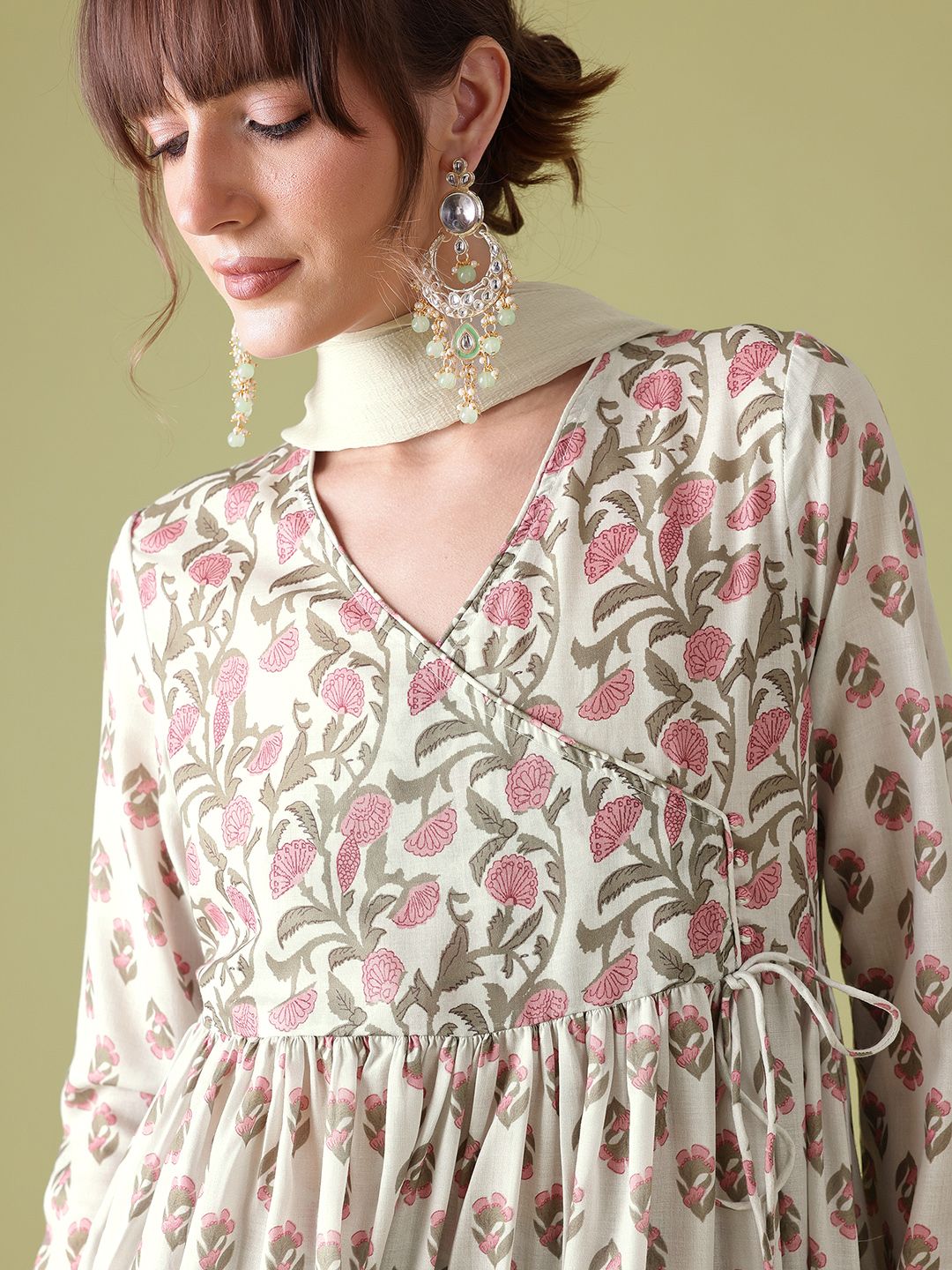 Anouk Women Floral Printed Angrakha Kurta with Trousers & Dupatta