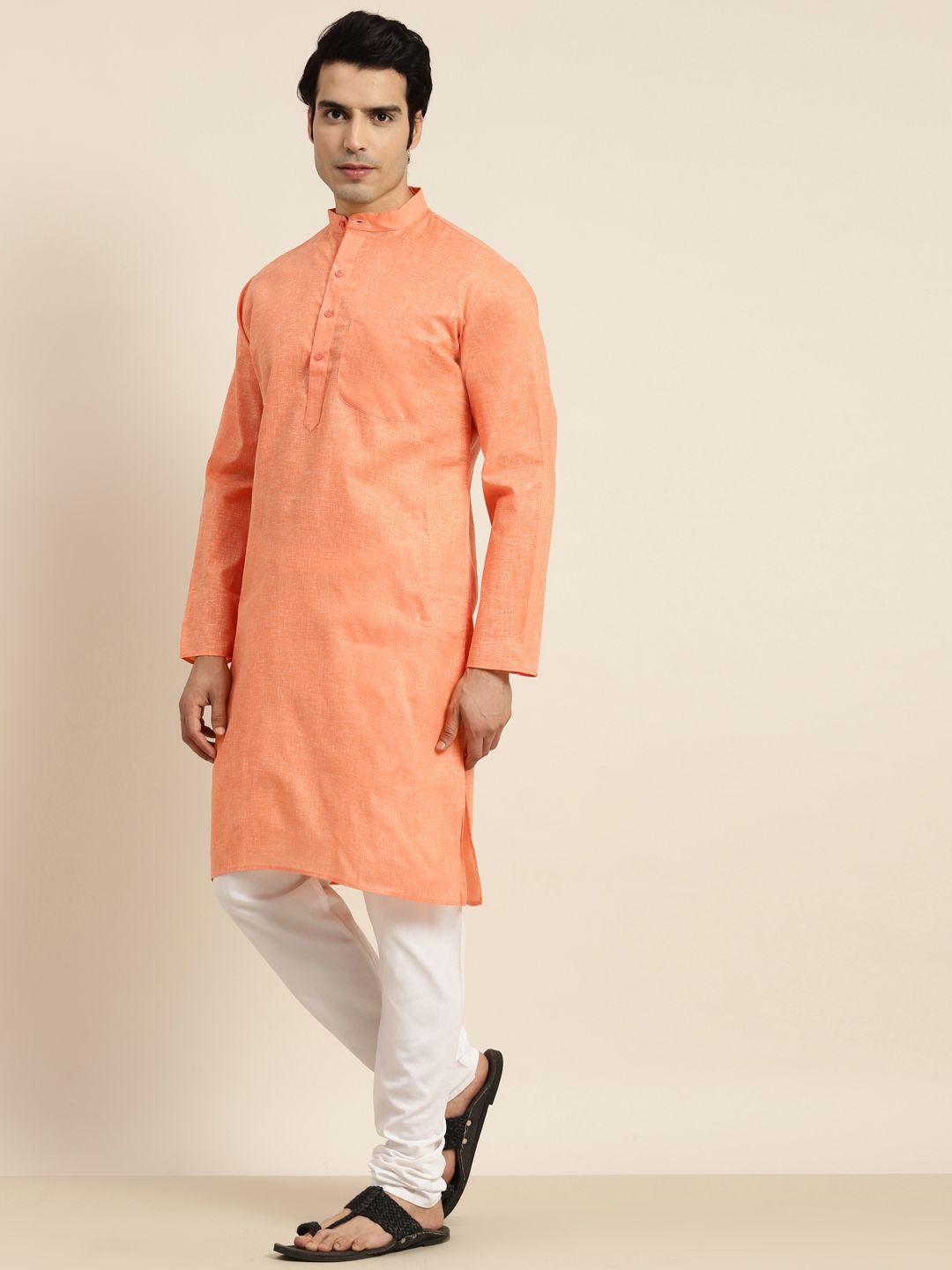 Anug by SOJANYA Men Orange Dobby Band Collar Kurta