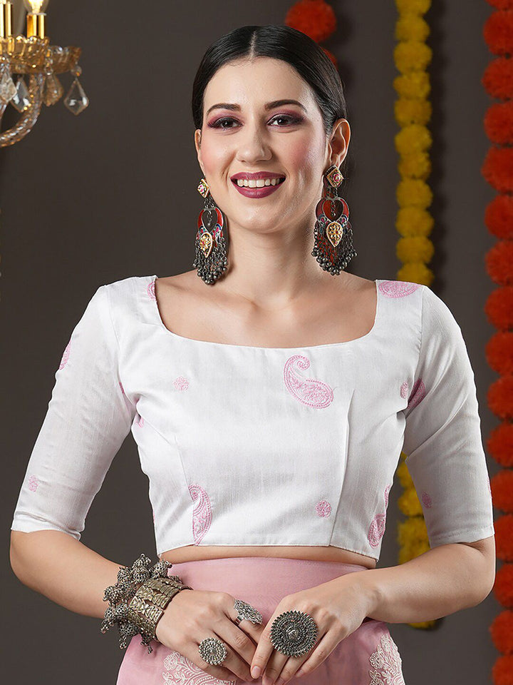 Saree mall Pink & White Floral Organza Banarasi Sarees