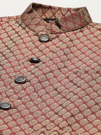 SOJANYA Men Peach-Coloured Chikankari Pure Cotton Kurta with Churidar & Nehru Jacket