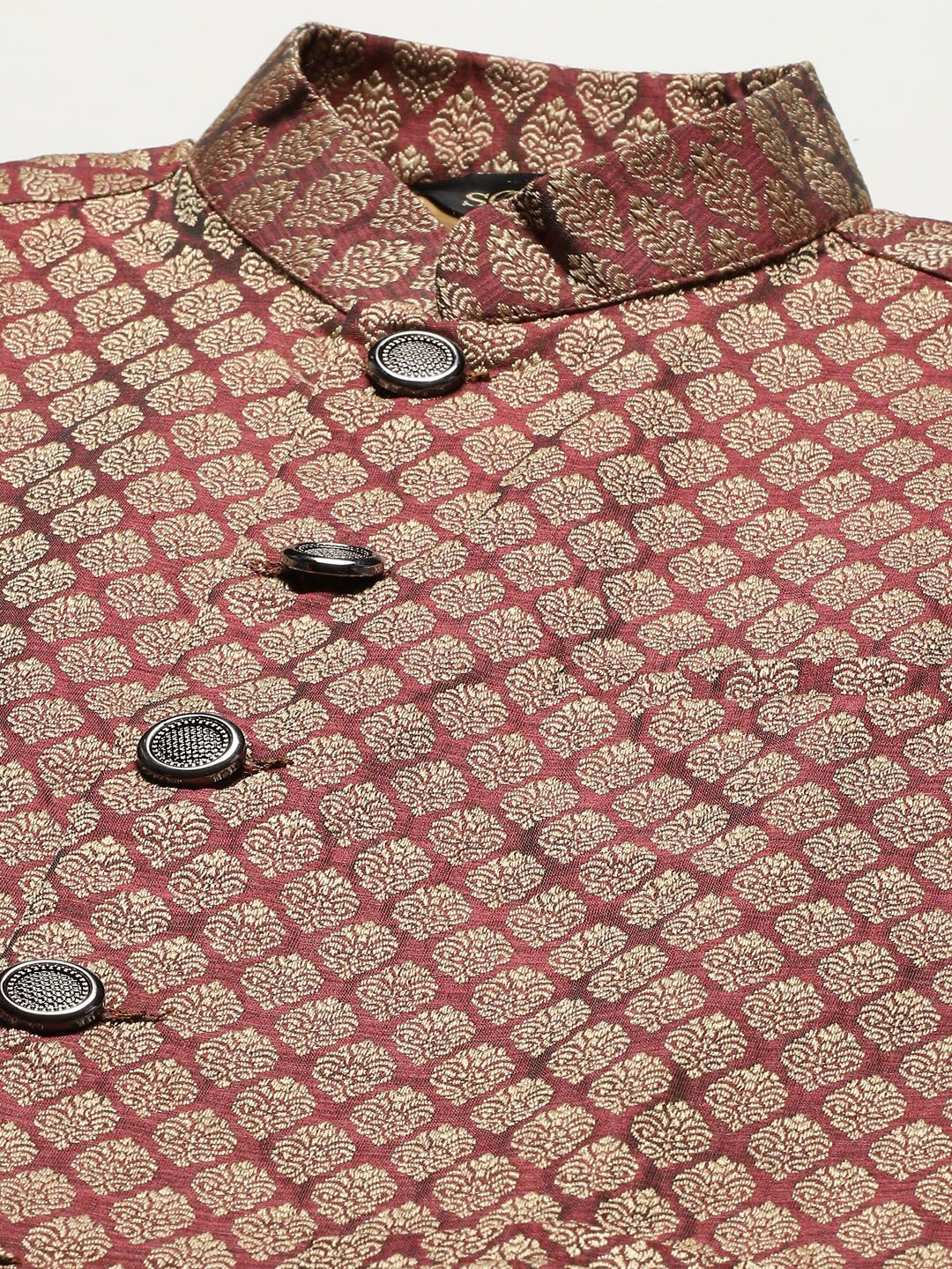 SOJANYA Men Peach-Coloured Chikankari Pure Cotton Kurta with Churidar & Nehru Jacket