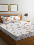 KLOTTHE White Floral Cotton 300 TC Fitted King Fine Bedsheet dengan 2 Sarung Bantal-98 x 89 inci