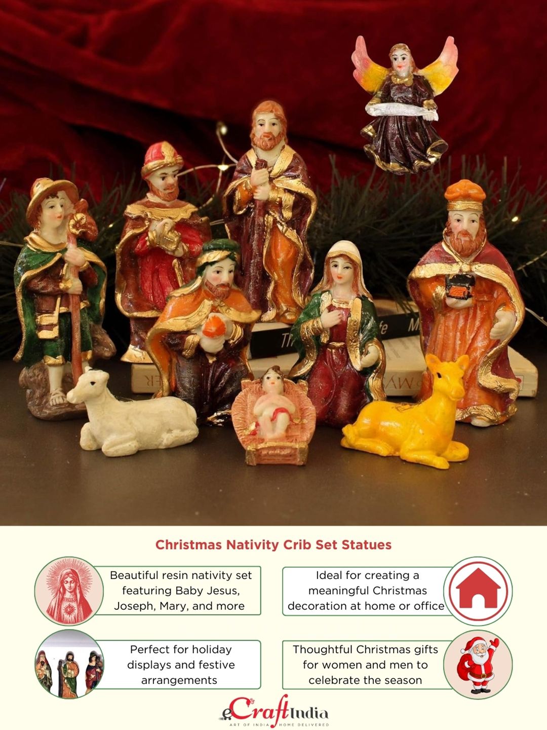 eCraftIndia Brown & Yellow 10 Pieces Christmas Nativity Crib Statues
