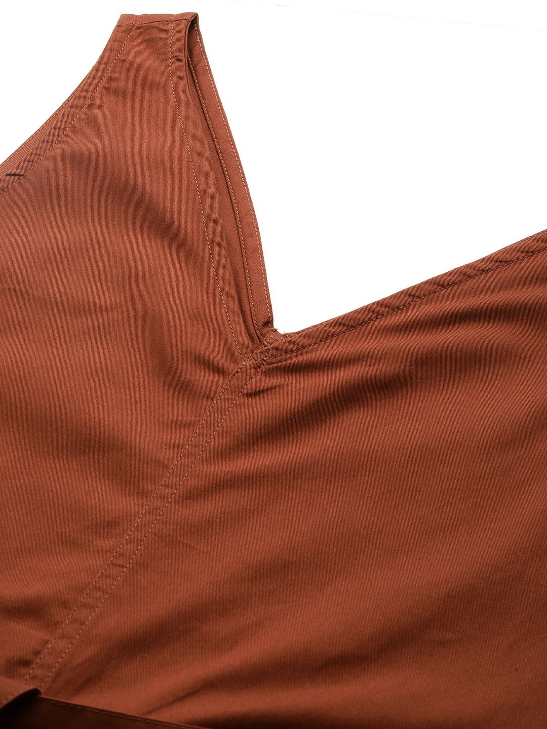 ether Rust Brown Pure Cotton Solid V-Neck Playsuit