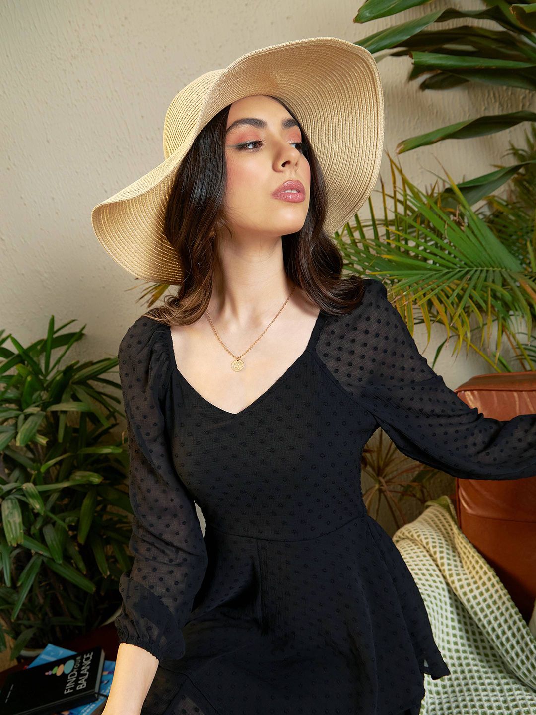 SASSAFRAS Black Self Design Layered Georgette A-Line Dress