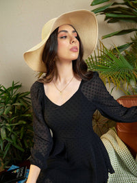 SASSAFRAS Black Self Design Layered Georgette A-Line Dress