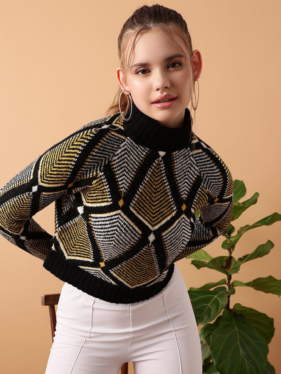 STREET 9 Geometric Printed Turtle Neck Ribbed Jacquard Acrylic Pullover
