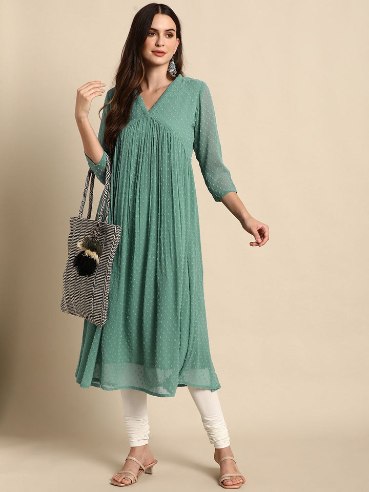 Janasya Women's Green Chiffon Self Design Flared Kurta