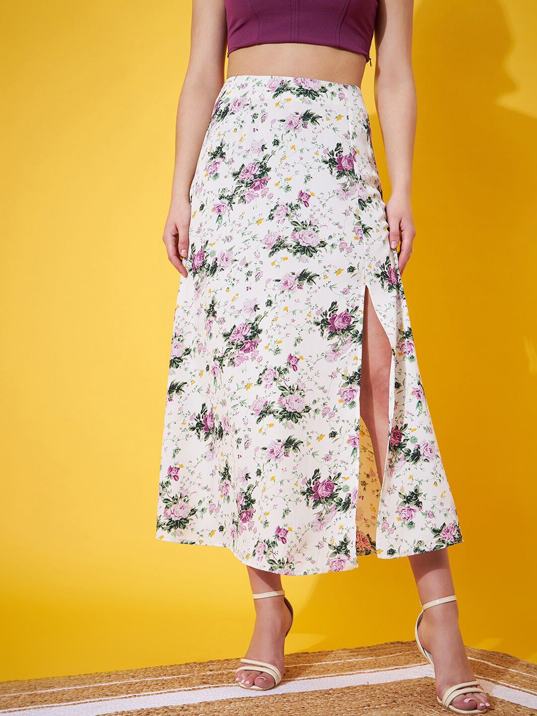 Berrylush Floral Printed High Rise A-Line Midi Skirt