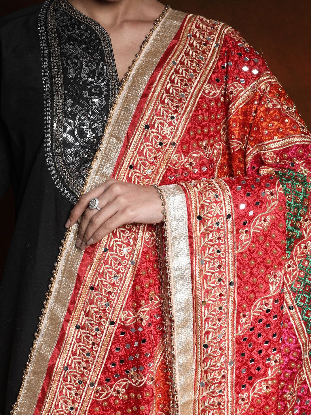 Exotic India True Red Phulkari Mirror Embroidered Silk Dupatta and Gotapatti Border