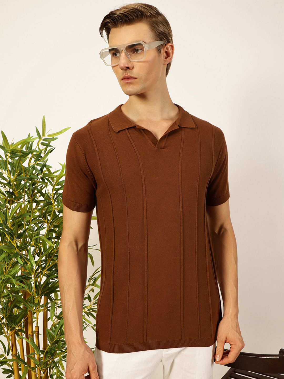 Thomas Scott Men Knit Striped Polo Collar T-shirt